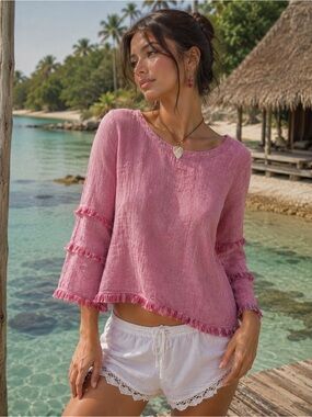 BNWT For Cynthia Pink Linen Cotton Blend Frill Long Sleeve Blouse Sz PL Boho